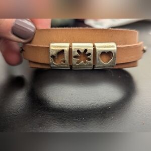 Brown Leather Hand Crafted Bracelet with Metal Charms Adjustable.